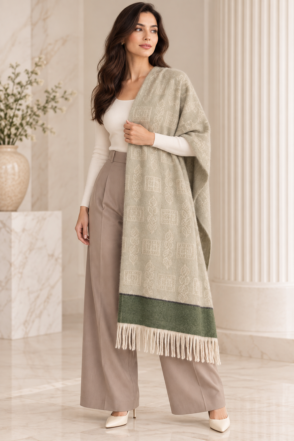 Elegant Woven Shawl with Floral Border and Fringe Finish For Women Soft Textured Feel, Lightweight Comfort , Easy Layering, Versatile Everyday Styling