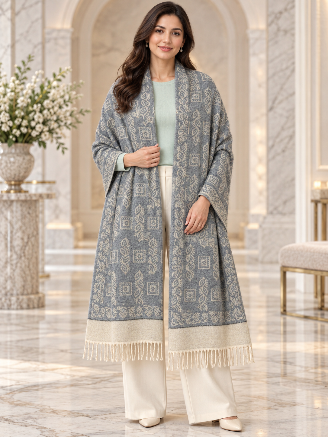 Elegant Woven Shawl with Floral Border and Fringe Finish For Women Soft Textured Feel, Lightweight Comfort , Easy Layering, Versatile Everyday Styling