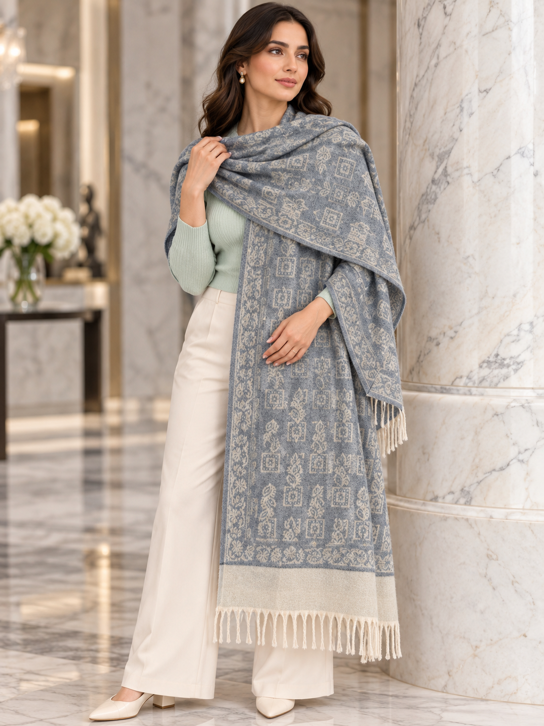 Elegant Woven Shawl with Floral Border and Fringe Finish For Women Soft Textured Feel, Lightweight Comfort , Easy Layering, Versatile Everyday Styling