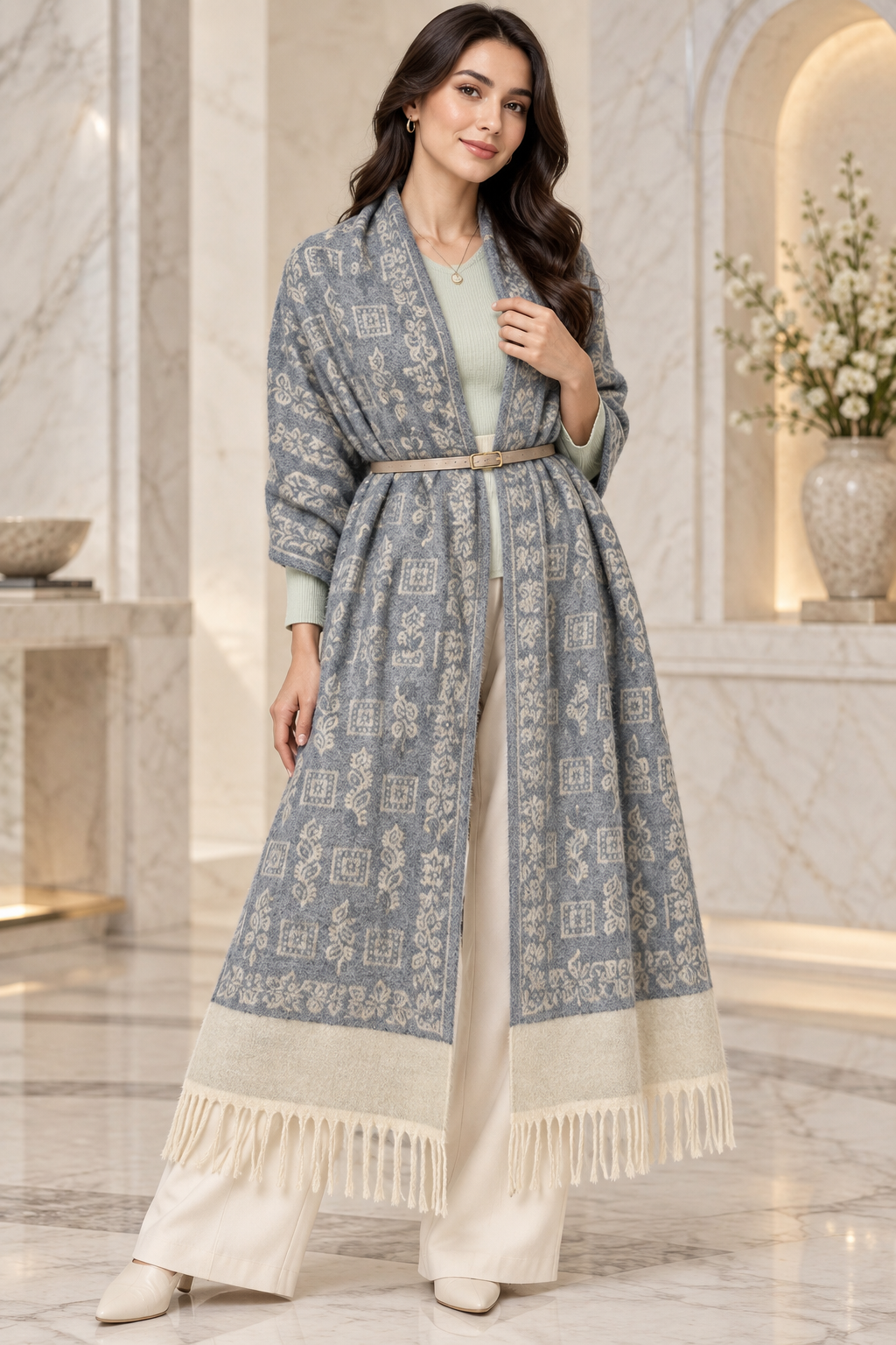 Elegant Woven Shawl with Floral Border and Fringe Finish For Women Soft Textured Feel, Lightweight Comfort , Easy Layering, Versatile Everyday Styling