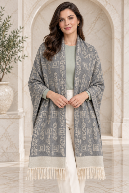 Elegant Woven Shawl with Floral Border and Fringe Finish For Women Soft Textured Feel, Lightweight Comfort , Easy Layering, Versatile Everyday Styling