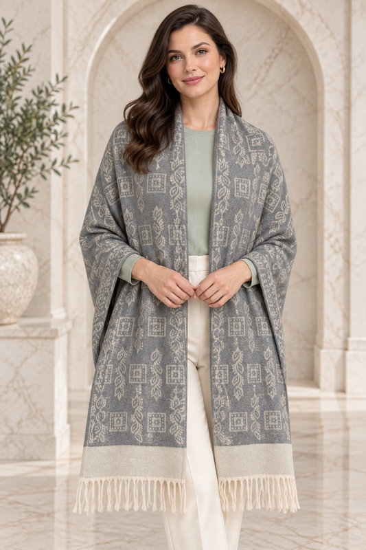 Elegant Woven Shawl with Floral Border and Fringe Finish For Women Soft Textured Feel, Lightweight Comfort , Easy Layering, Versatile Everyday Styling