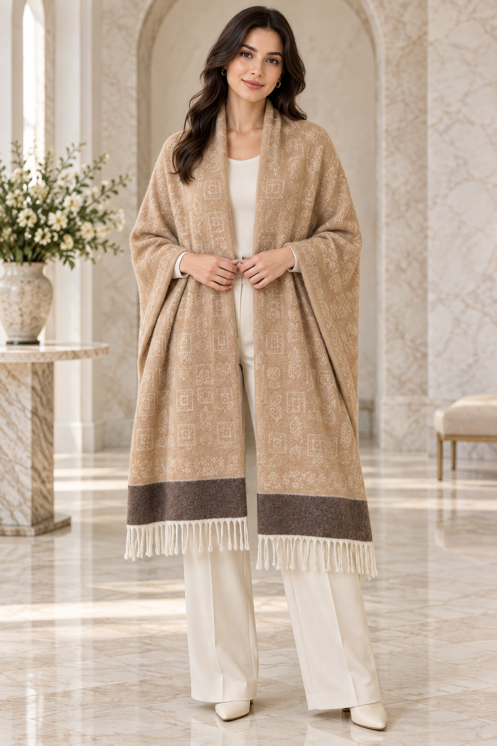 Elegant Woven Shawl with Floral Border and Fringe Finish For Women Soft Textured Feel, Lightweight Comfort , Easy Layering, Versatile Everyday Styling