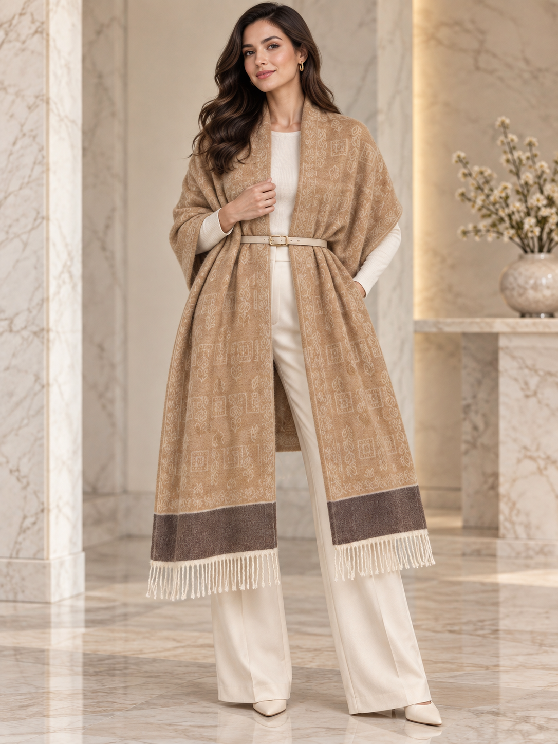 Elegant Woven Shawl with Floral Border and Fringe Finish For Women Soft Textured Feel, Lightweight Comfort , Easy Layering, Versatile Everyday Styling