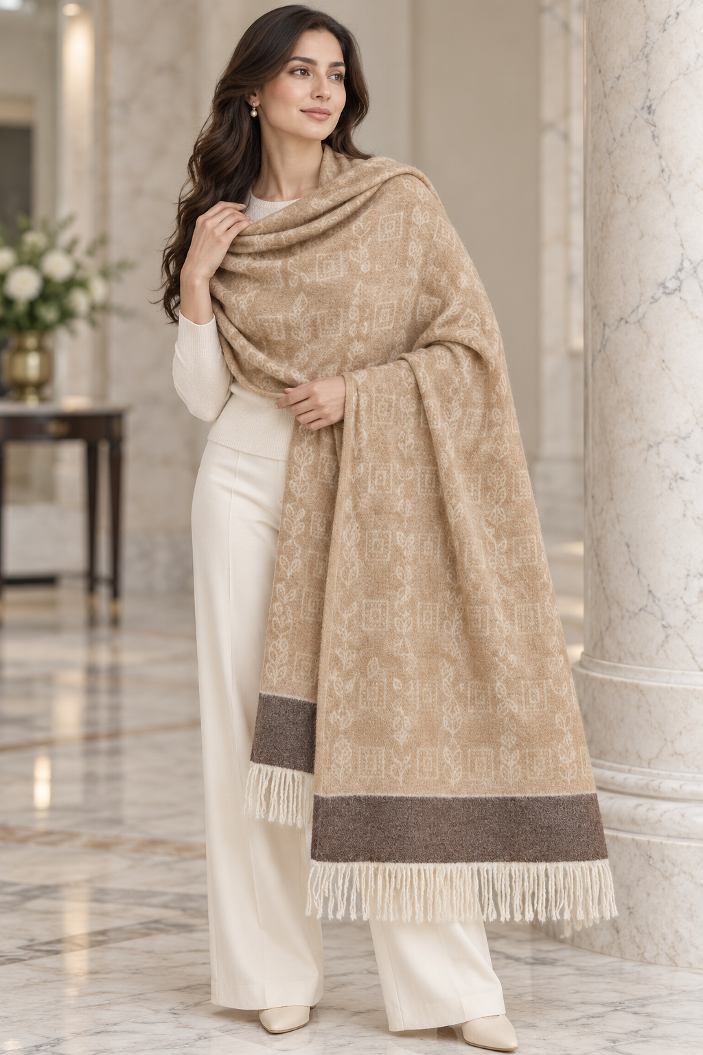 Elegant Woven Shawl with Floral Border and Fringe Finish For Women Soft Textured Feel, Lightweight Comfort , Easy Layering, Versatile Everyday Styling