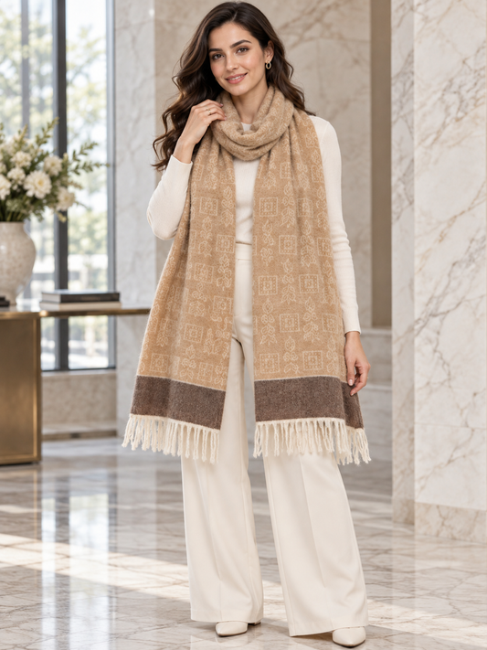 Elegant Woven Shawl with Floral Border and Fringe Finish For Women Soft Textured Feel, Lightweight Comfort , Easy Layering, Versatile Everyday Styling