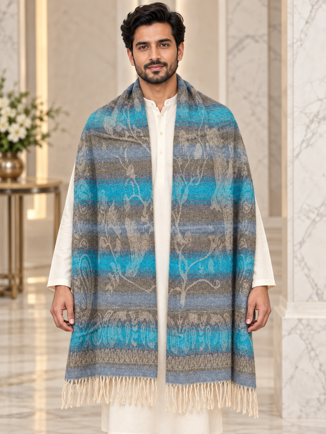 A man wearing a white kurta and a large patterned shawl draped over his shoulders. The shawl features horizontal stripes in shades of blue, gray, and beige with a woven tree motif and cream fringe at the bottom, set against a marble interior background.