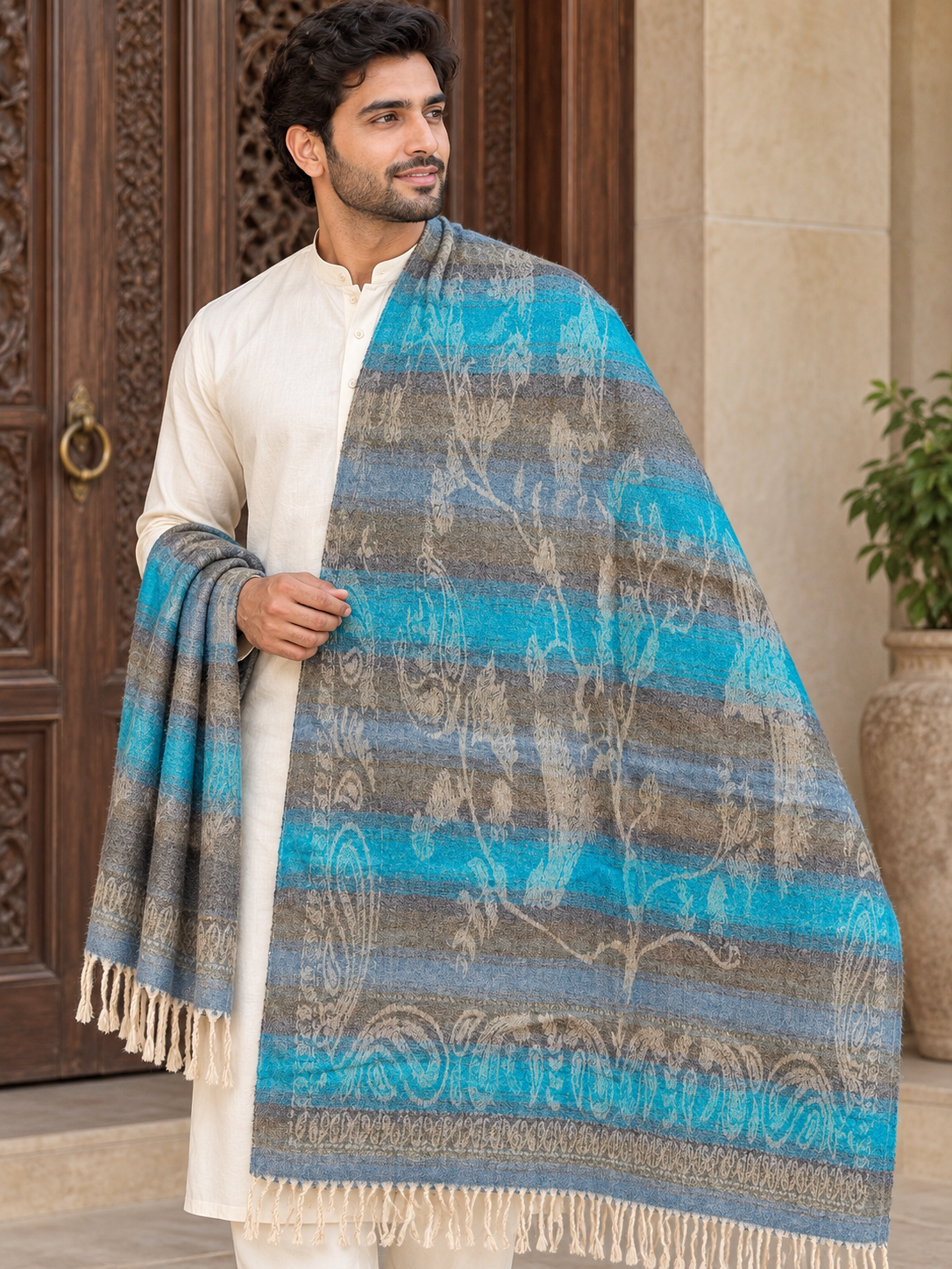 A man wearing a cream kurta stands in front of a carved wooden door, draped in a large woven shawl with horizontal stripes of turquoise blue, gray, and beige floral patterns and cream fringe.