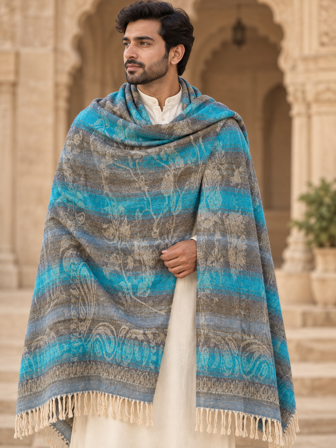 A man wearing a cream kurta and draped over his shoulders is a large patterned blue and gray shawl with fringe, standing in front of a stone archway.