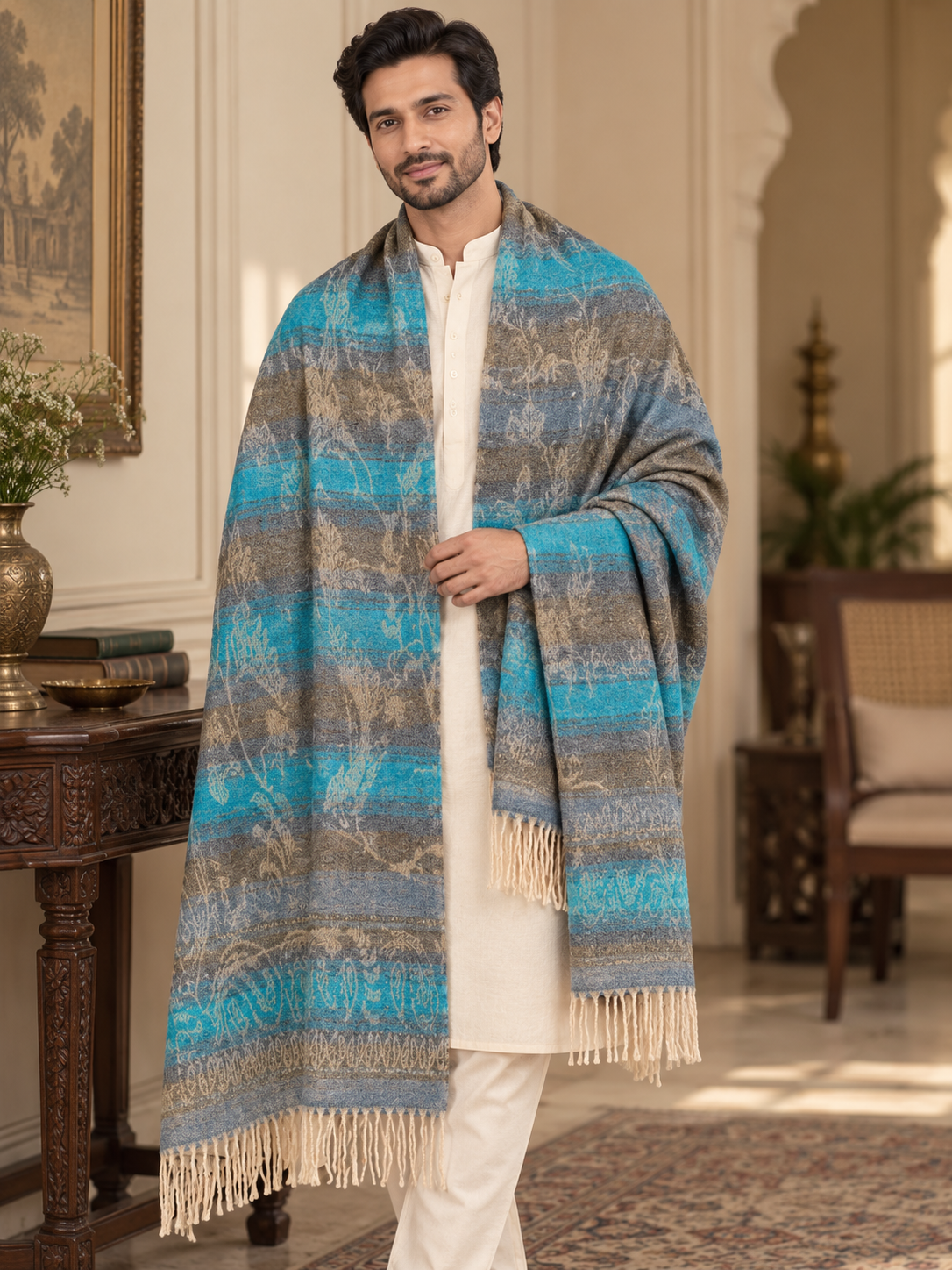A man wearing a white kurta and trousers is draped in a large woven shawl with horizontal stripes of blue, gray, and beige, featuring fringe details, set in an elegant indoor room.