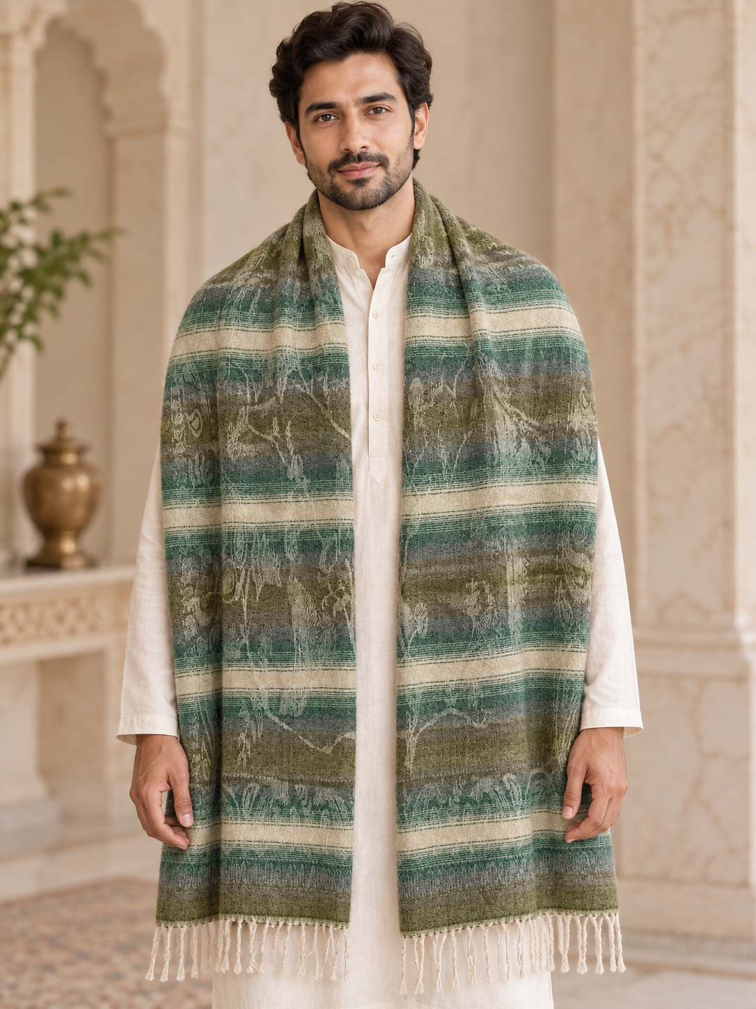A man wearing a large striped knit shawl with green, beige, and brown tones over a white kurta, standing in an ornate indoor setting with arches.