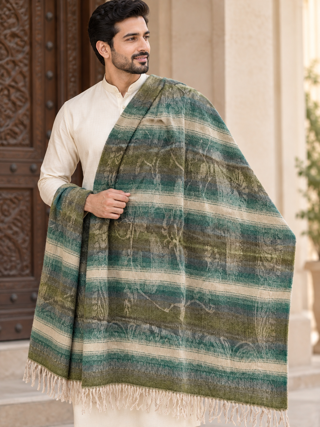 A man wearing a cream kurta and draped over his shoulder is a large woven shawl with horizontal stripes in green, teal, olive, and cream, featuring a fringed edge.