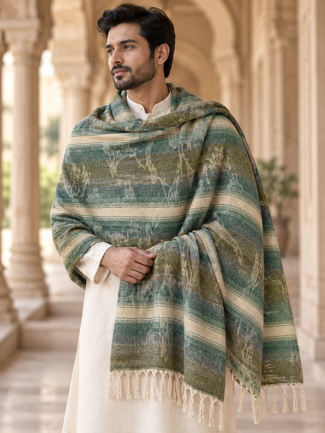 Weavers Villa Abstract Striped Woven Stoles with Fringe Finish For Men Soft Textured Feel, Lightweight Comfort , Easy Layering, Versatile Everyday Styling