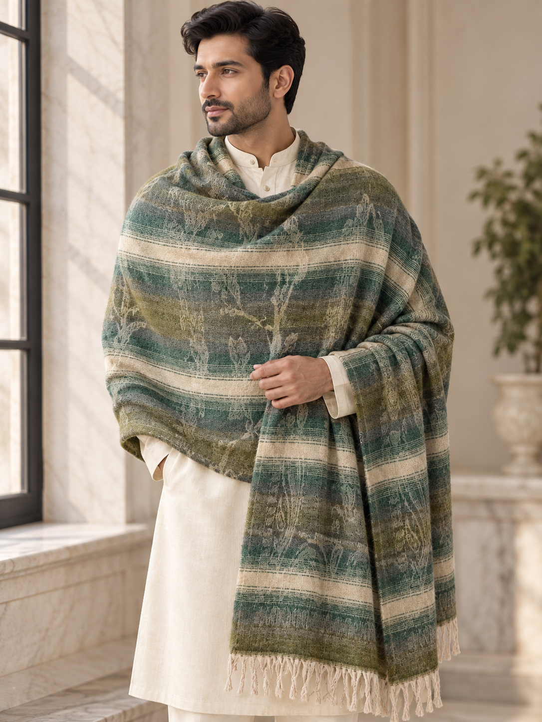 A man wearing a cream kurta and draped over his shoulders is a large, textured striped shawl or wrap in shades of green, olive, and beige with fringed edges, set in a bright, modern indoor environment with marble walls and a window.