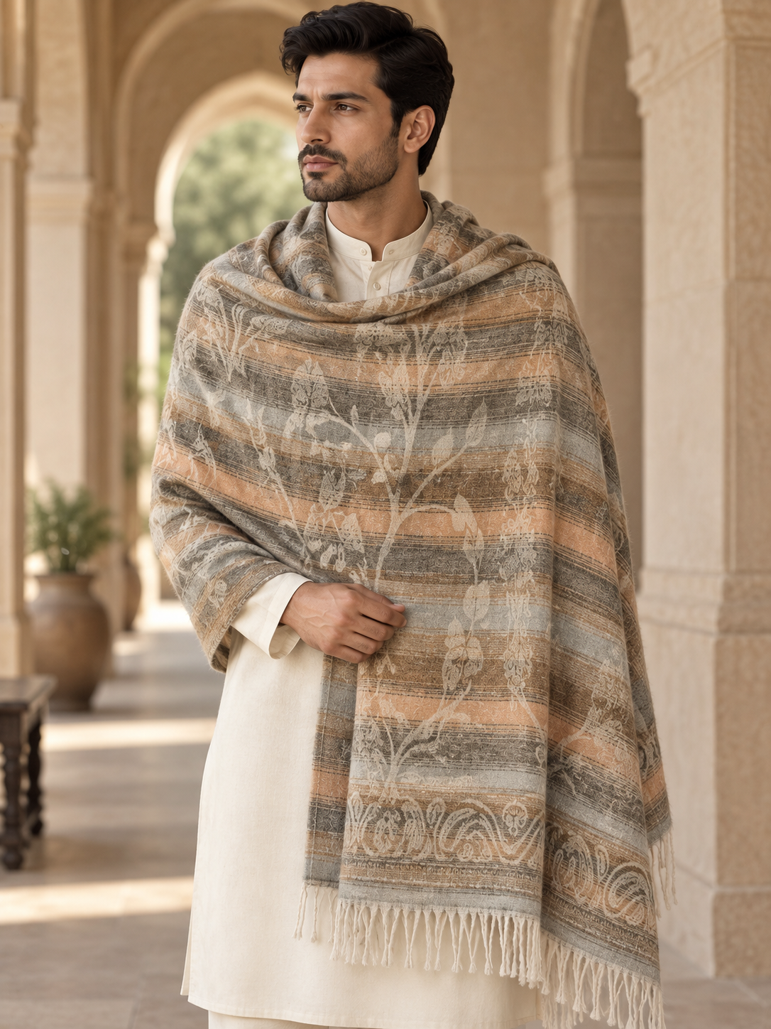 A man wearing a cream kurta and a large striped shawl with beige, brown, and gray tones and subtle floral motifs, standing in an arched corridor.