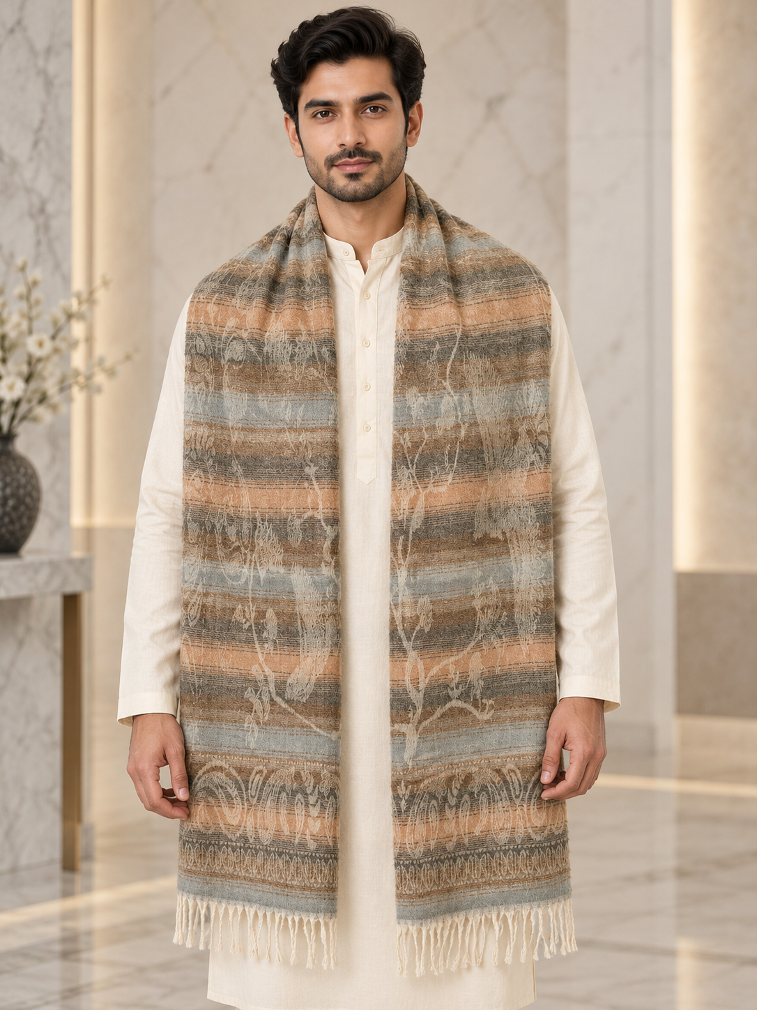A man wearing a long, patterned scarf draped over his shoulders over a cream-colored kurta, standing in a modern indoor setting with marble walls and columns.