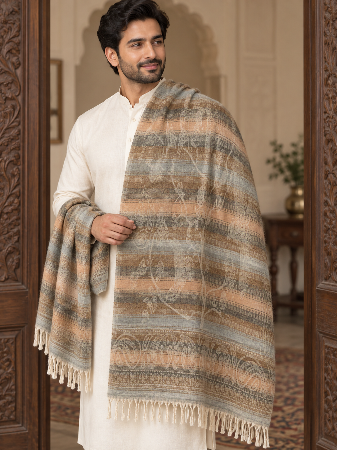 A man wearing a white kurta stands in an ornate interior doorway, draped with a large patterned shawl in beige, brown, gray, and muted blue tones with fringe tassels.