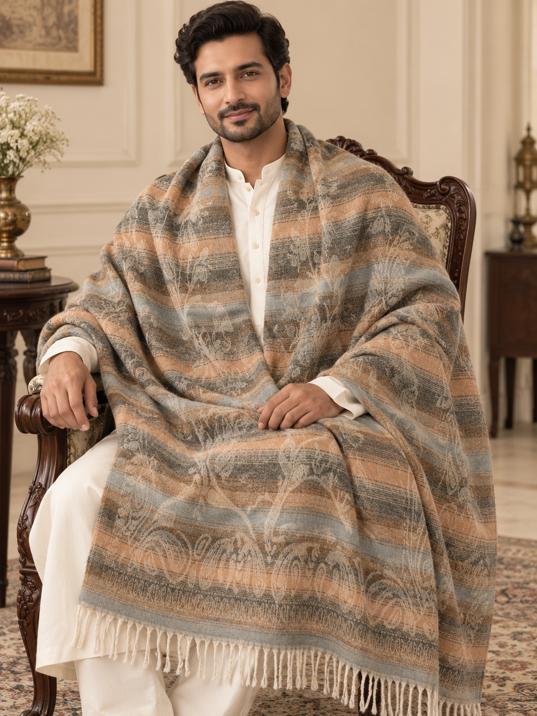 A man seated in an ornate armchair wearing a white kurta and draped over his shoulders is a large patterned shawl or throw blanket in beige, brown, gray, and muted blue tones with fringe at the ends, in an elegant indoor setting.