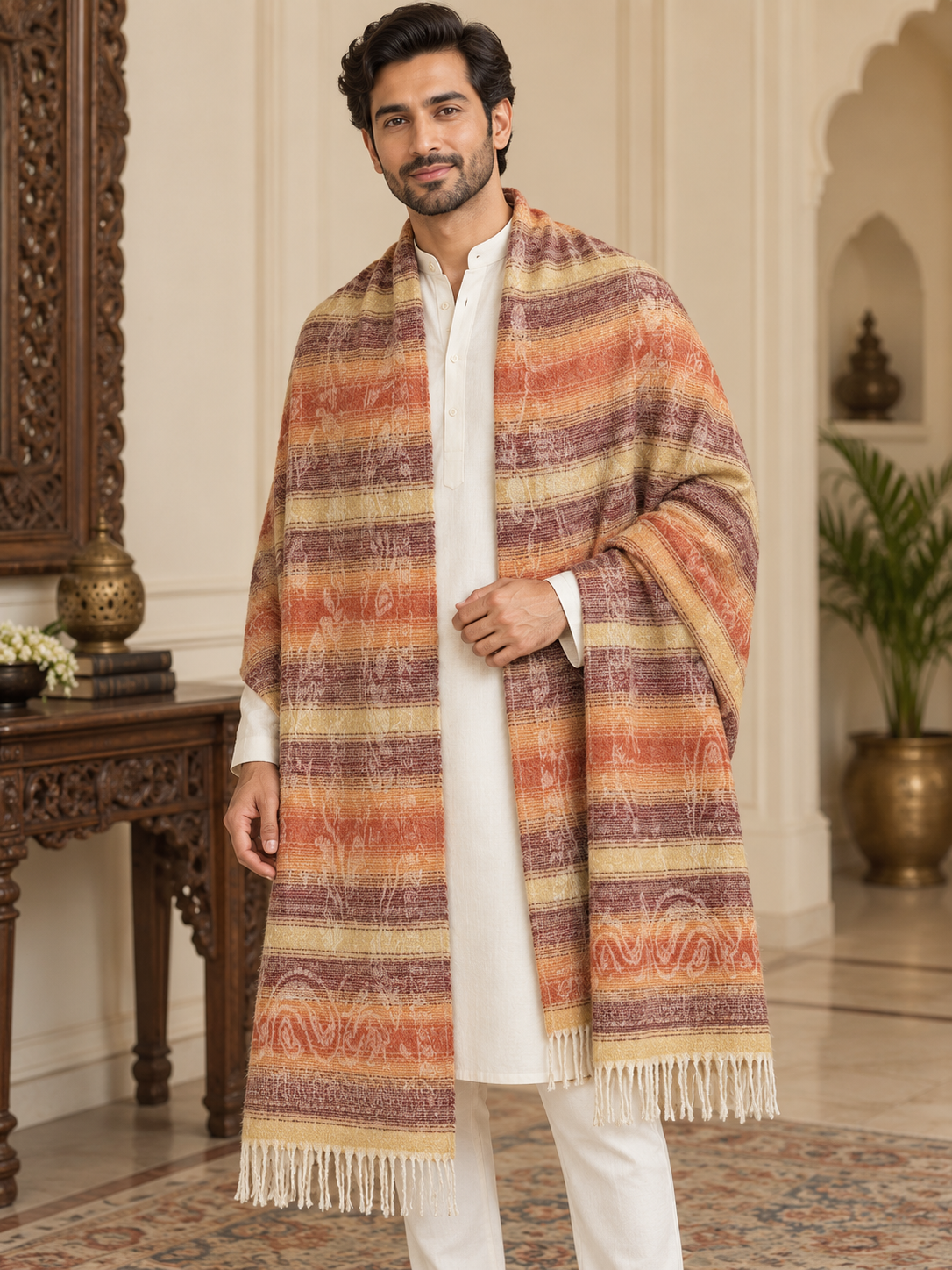 A man wearing a white kurta and trousers draped in a long, multicolored striped shawl with fringe, standing in an ornate indoor setting.