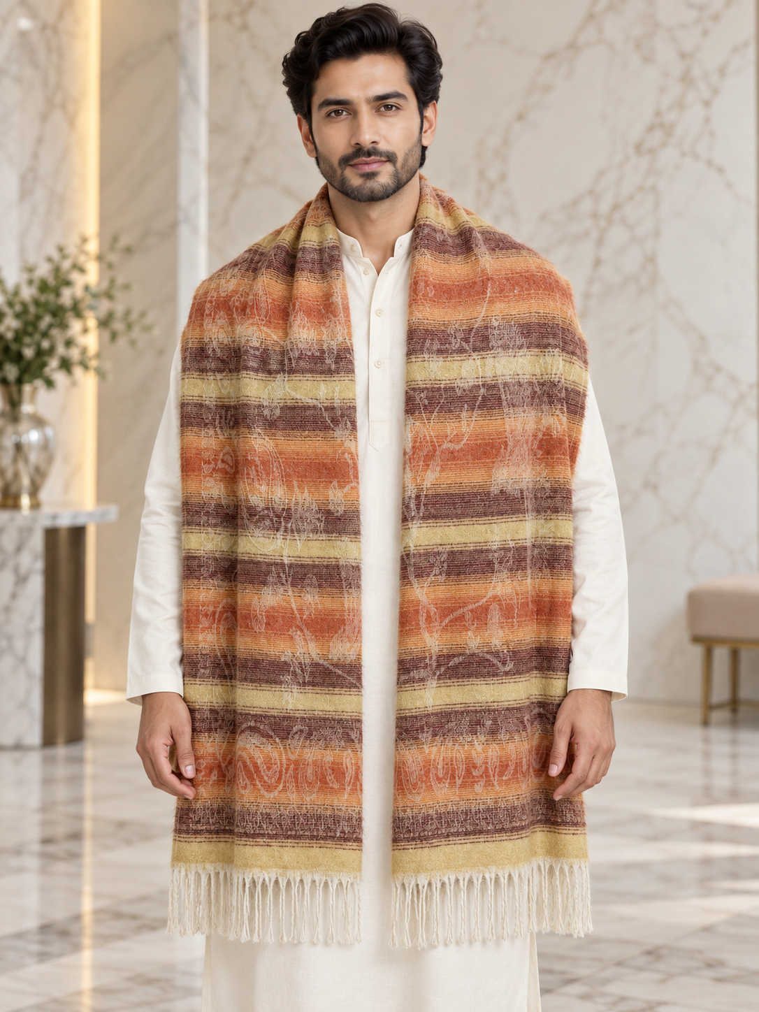 A man wearing a long striped woolen shawl with cream, orange, brown, and beige tones over a white kurta, standing in a marble-floored indoor setting.