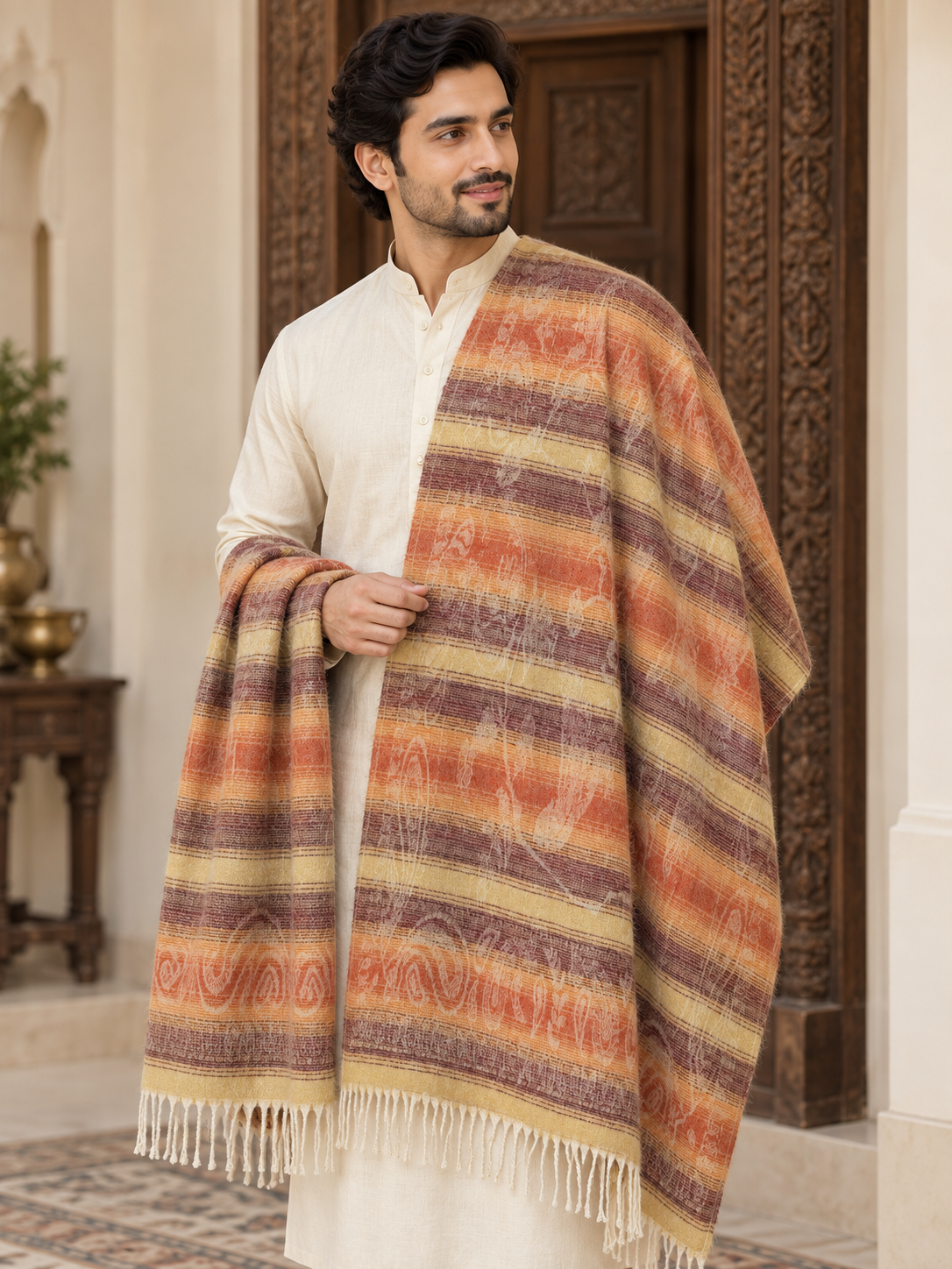 A man wearing a cream kurta and draped a striped multicolor shawl with fringe, standing in front of an ornate wooden door.