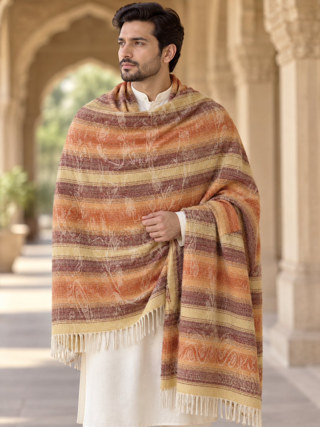 Weavers Villa Abstract Striped Woven Stoles with Fringe Finish For Men Soft Textured Feel, Lightweight Comfort , Easy Layering, Versatile Everyday Styling