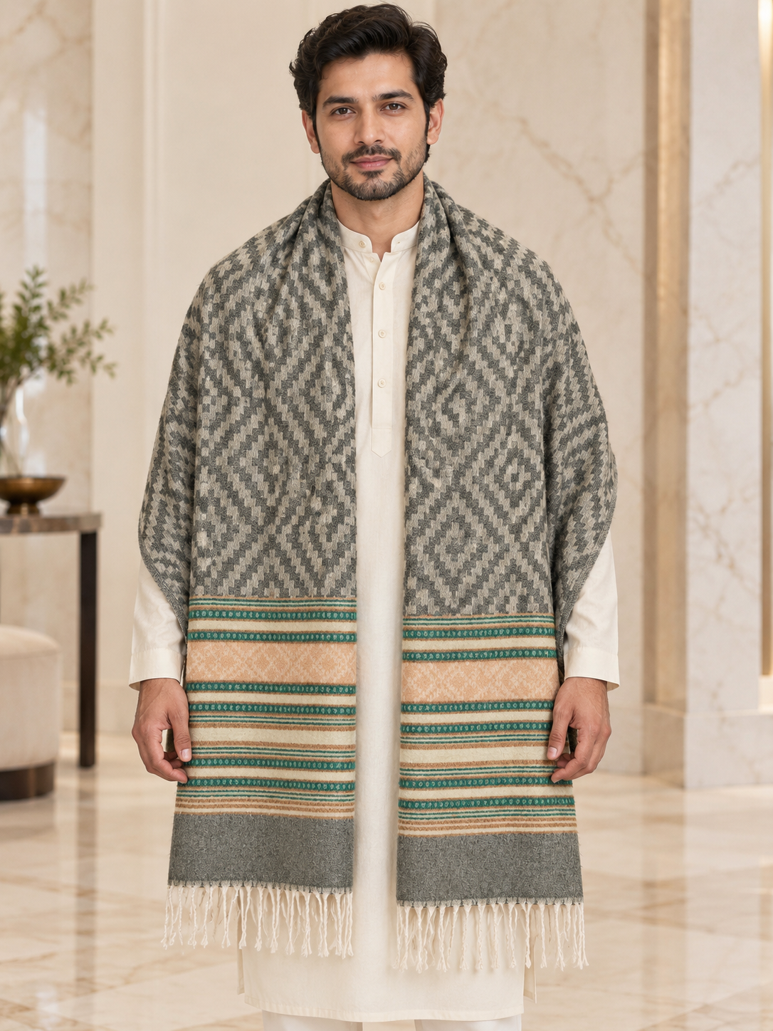 A man wearing a long gray and beige patterned shawl with green and cream stripes and white fringe, draped over a white kurta in an elegant indoor setting.
