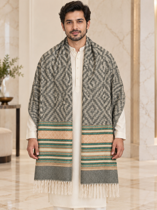 A man wearing a long gray and beige patterned shawl with green and cream stripes and white fringe, draped over a white kurta in an elegant indoor setting.