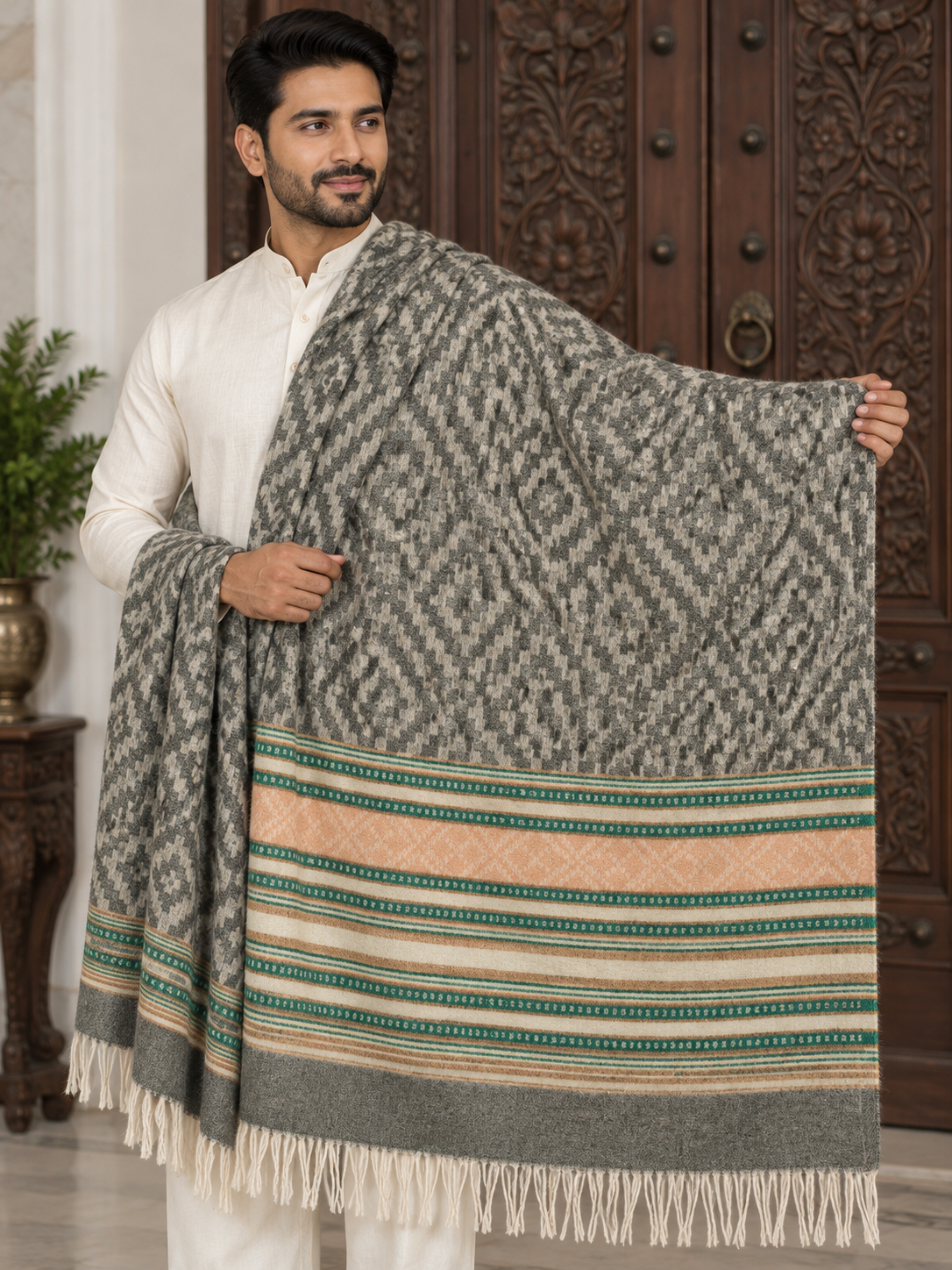 Geometric Diamond Woven Stole with Striped Border and Fringe For Men Soft Textured Feel, Lightweight Comfort , Easy Layering, Versatile Everyday Styling
