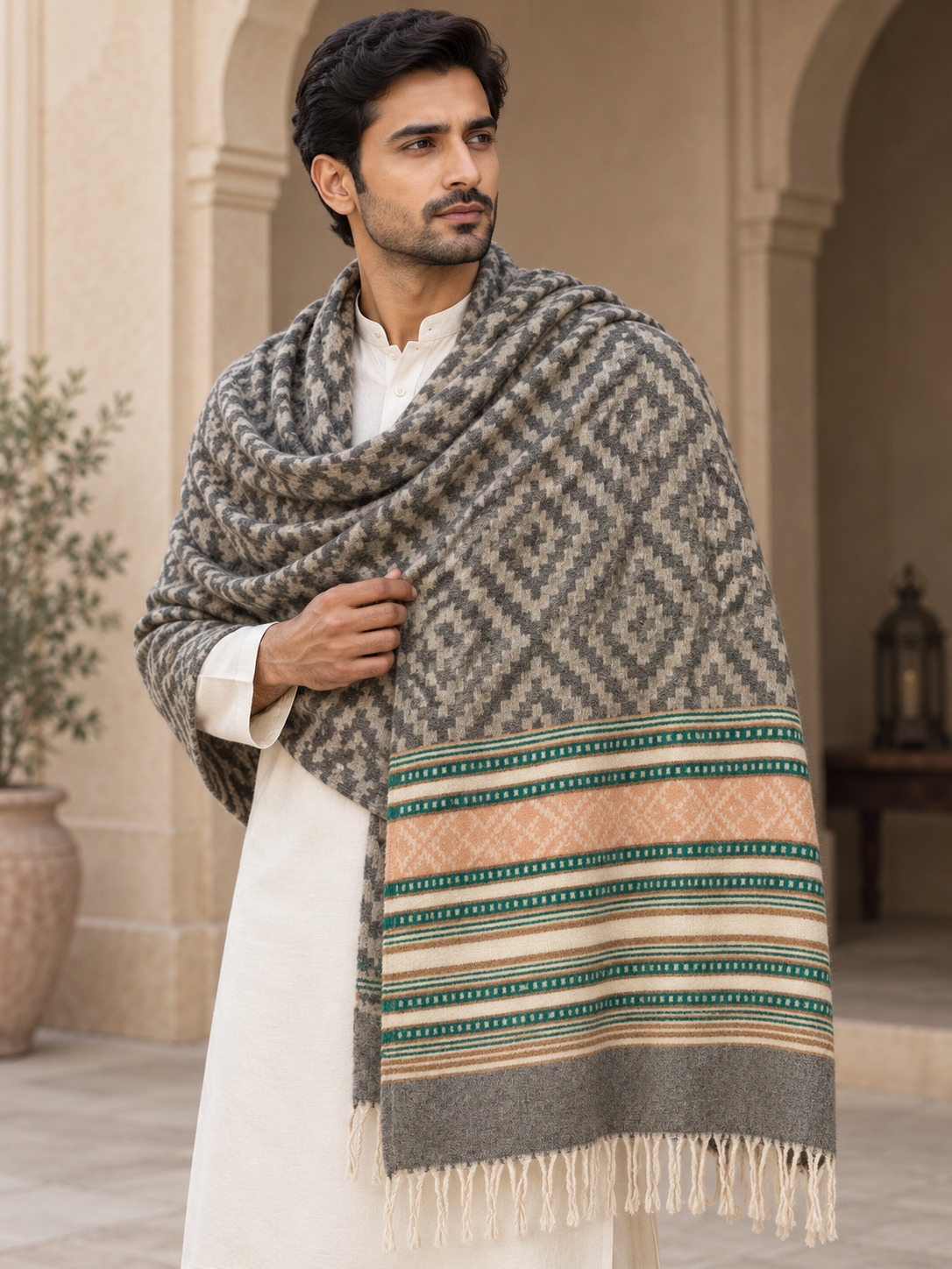 A man wearing a white kurta draped with a large woven shawl in a beige courtyard. The shawl features a gray and beige geometric pattern with a decorative border in green, peach, and beige, finished with cream fringe.
