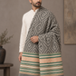 A man wearing a white kurta and trousers models a large gray and black patterned shawl with a multicolor striped border and cream fringe, set against a neutral indoor background.