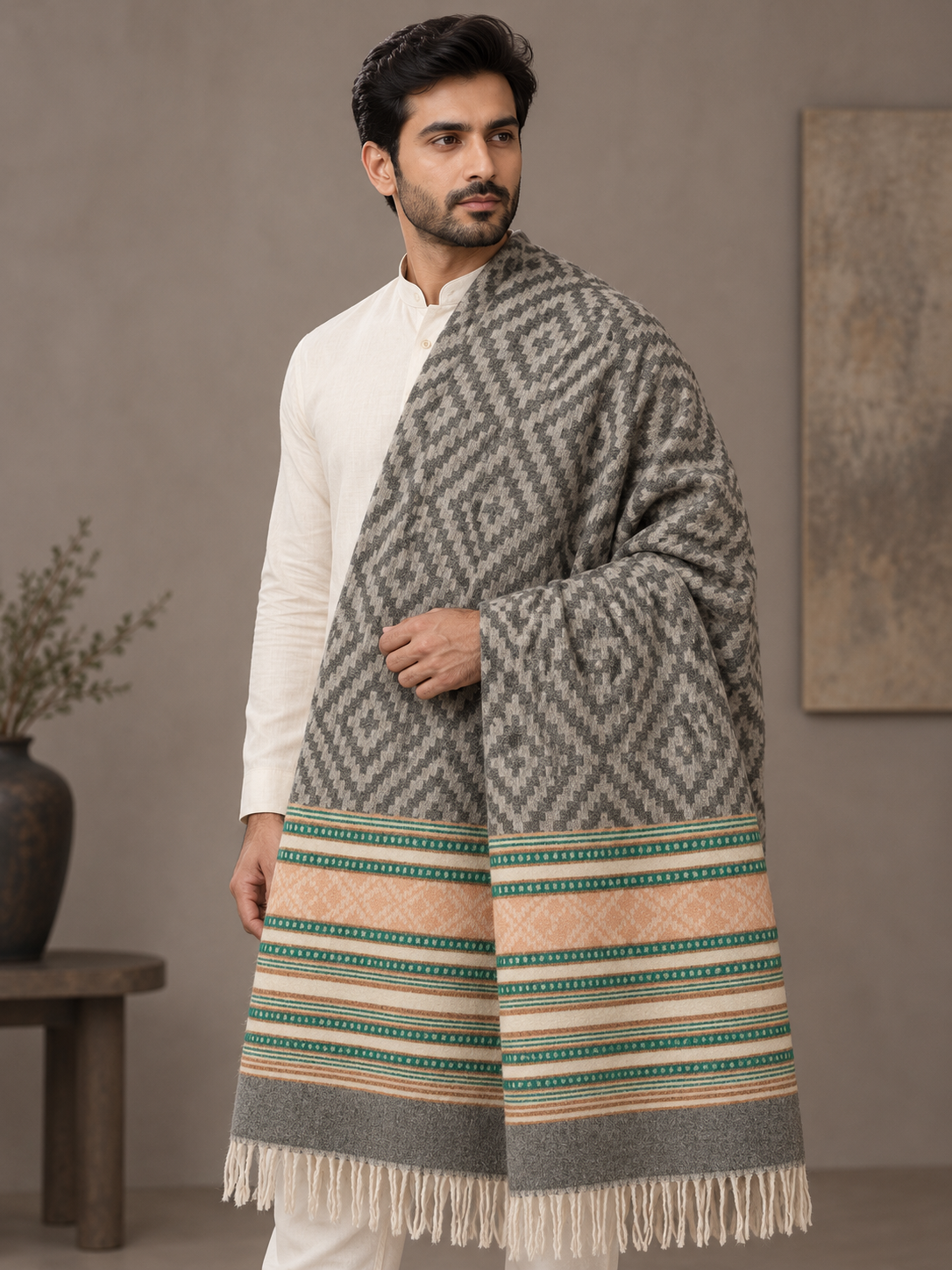A man wearing a white kurta and trousers models a large gray and black patterned shawl with a multicolor striped border and cream fringe, set against a neutral indoor background.