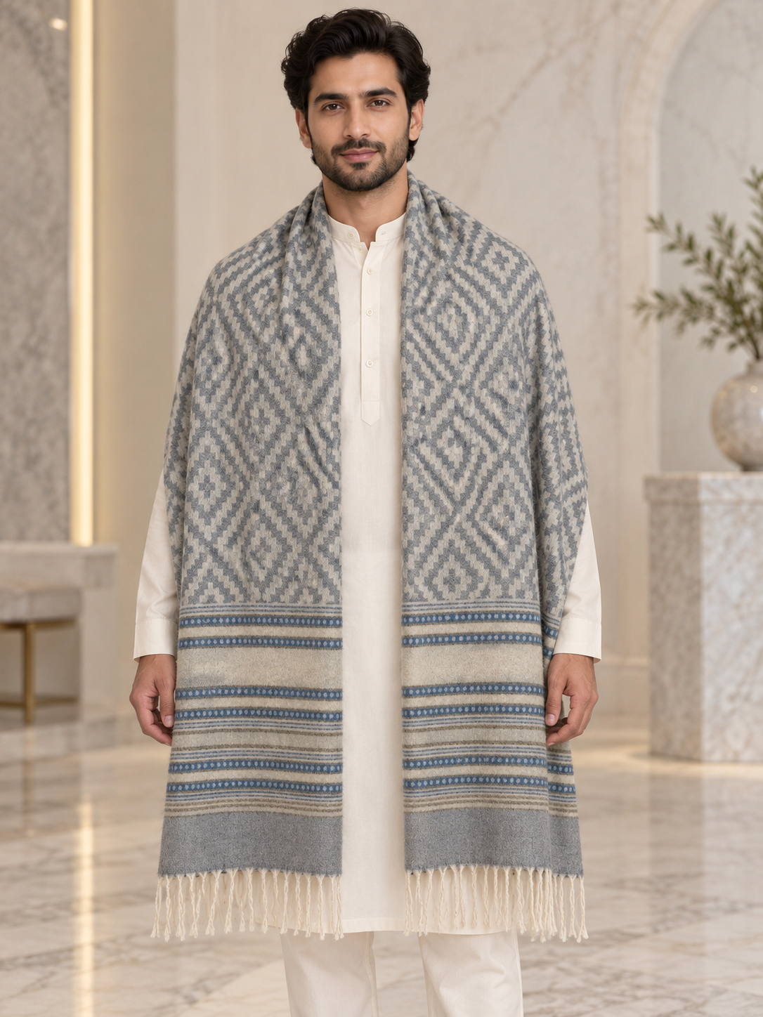 A man wearing a long, open-front shawl with a blue and gray geometric pattern and fringe, draped over a white kurta in an elegant indoor setting.