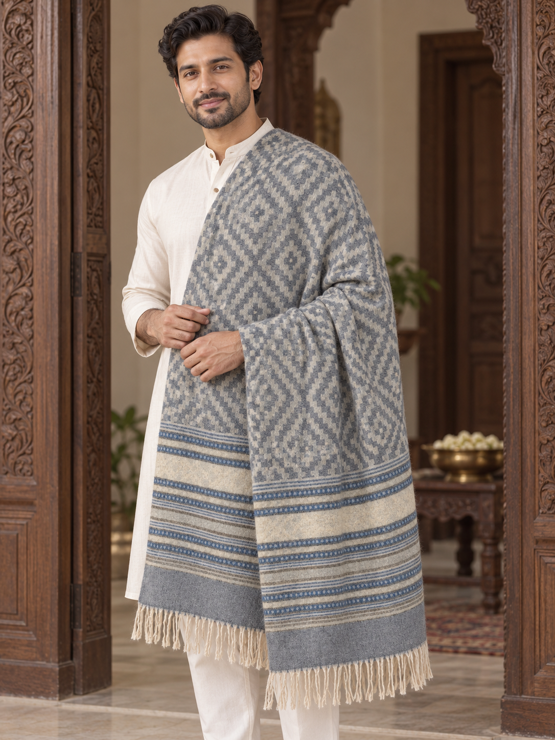 A man wearing a cream kurta and white trousers stands in an ornate indoor setting, draped in a large gray and cream patterned shawl with blue stripes and fringe.