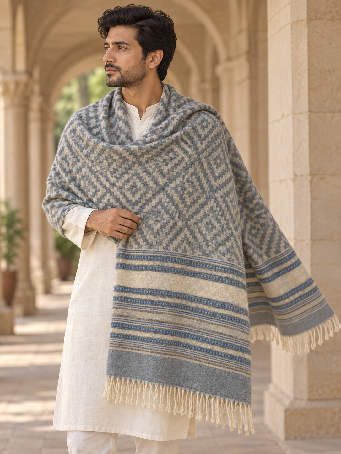 A man wearing a cream kurta and a large patterned blue and cream shawl draped over his shoulders, standing in a stone archway corridor.