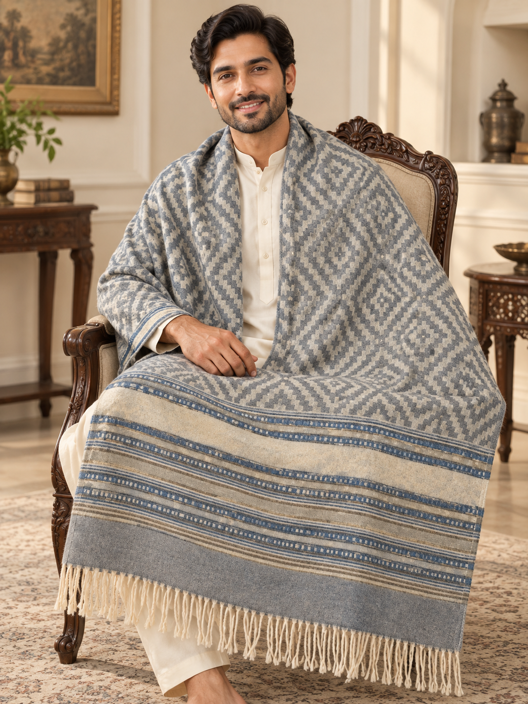 A man seated in an ornate wooden armchair wearing a cream kurta and draped over his shoulders is a large woven shawl or throw blanket with a blue and cream geometric pattern and fringe trim, in a traditional Indian living room setting.