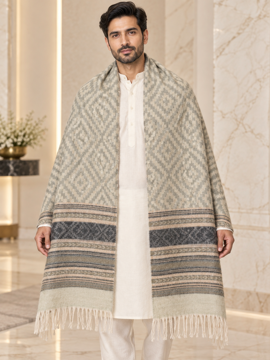 A man wearing a long beige and gray patterned shawl with fringe over a white kurta, standing in a marble-finished indoor setting.