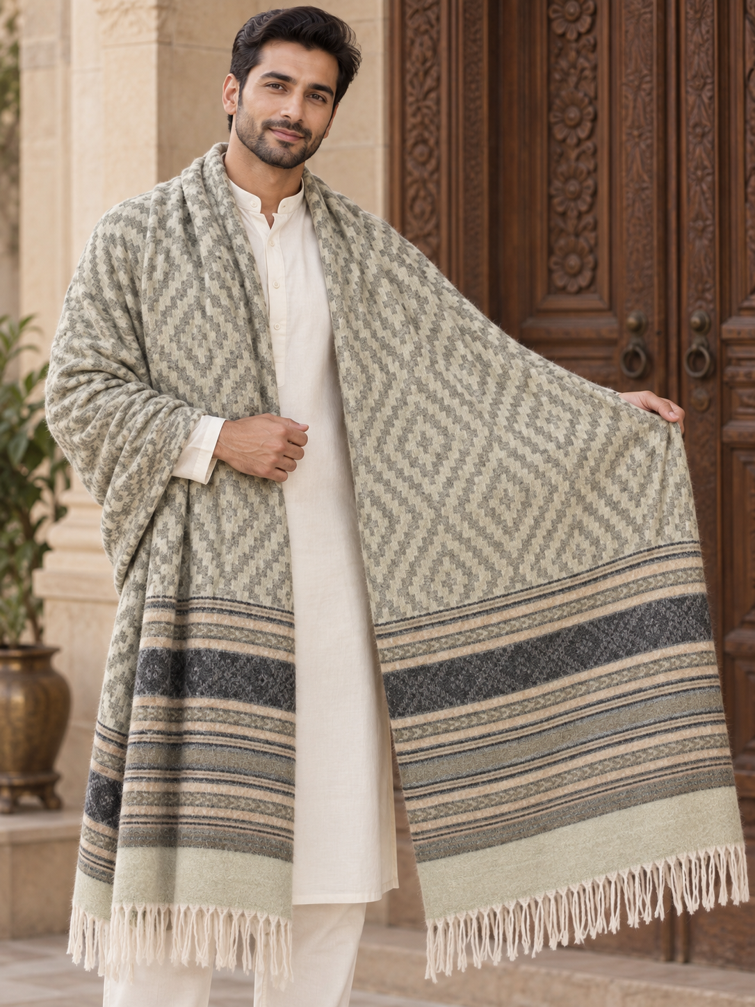 A man wearing a cream kurta and trousers models a large woven shawl with a beige and gray geometric pattern and striped borders, standing in front of a carved wooden door.