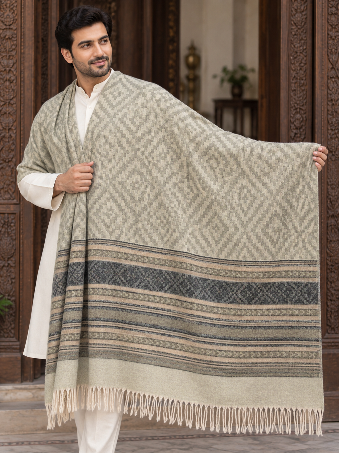 A man wearing a white kurta and trousers models a large woven shawl draped over his shoulders. The shawl features a beige and gray chevron pattern on the upper section, a wide dark gray patterned band across the middle, and cream-colored fringe along the bottom.