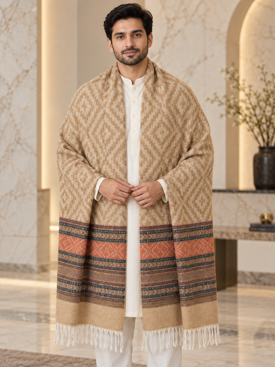 A man wearing a beige and brown patterned shawl with fringed ends over a white kurta, standing in a marble hallway.