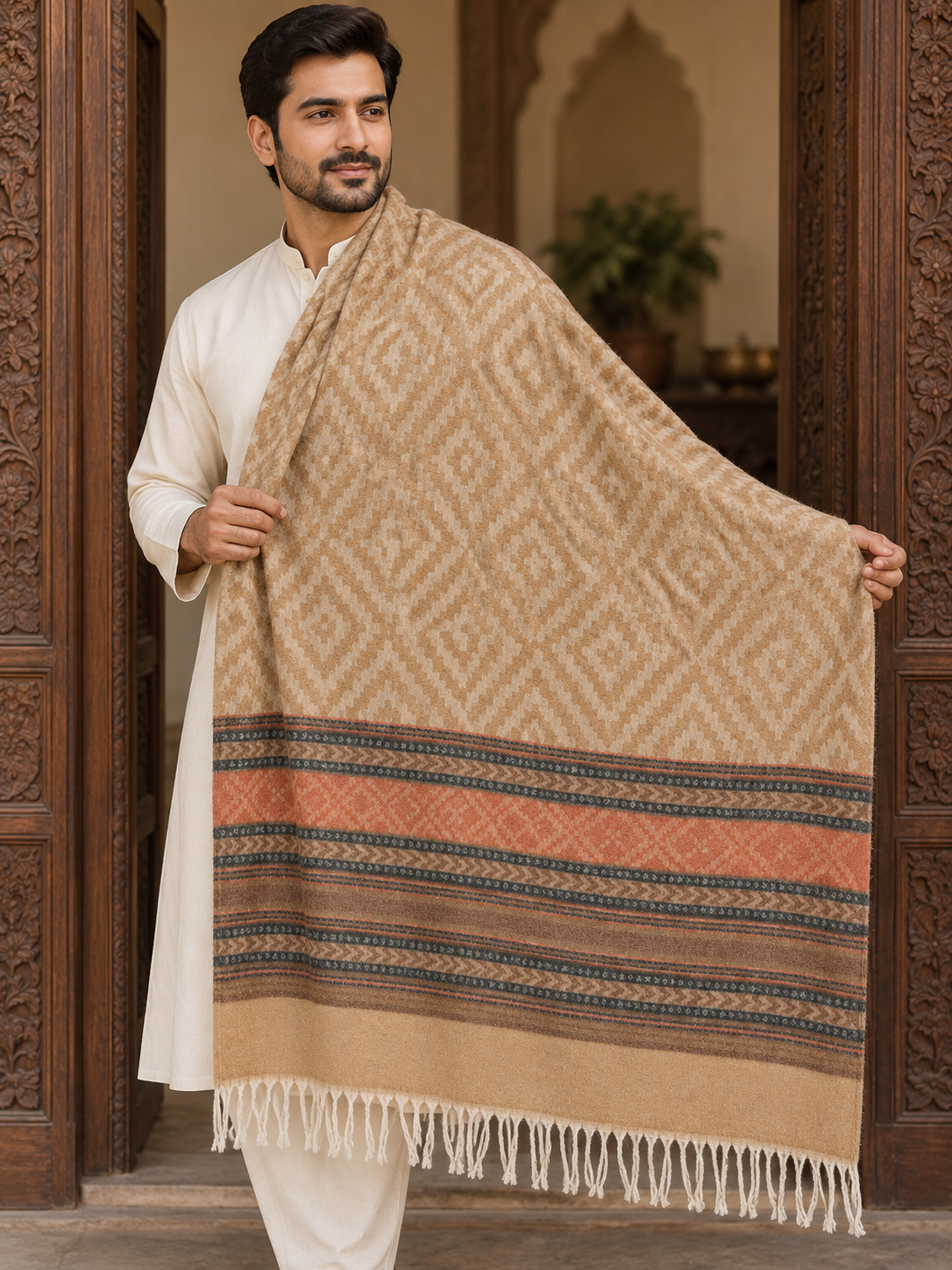 A man wearing a cream kurta stands in a doorway holding up a large patterned shawl. The shawl is beige with a geometric diamond pattern and a wide border featuring stripes of rust orange, brown, and dark blue, finished with white fringe at the bottom.