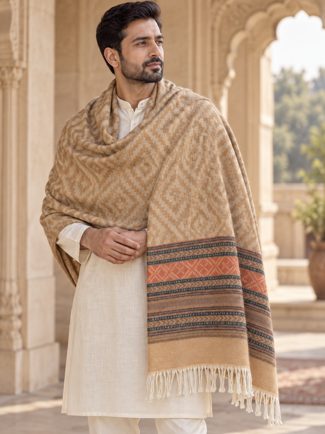 A man wearing a cream kurta and trousers, draped in a large beige patterned shawl with orange and dark brown geometric borders and tassels, standing in front of an ornate stone archway.