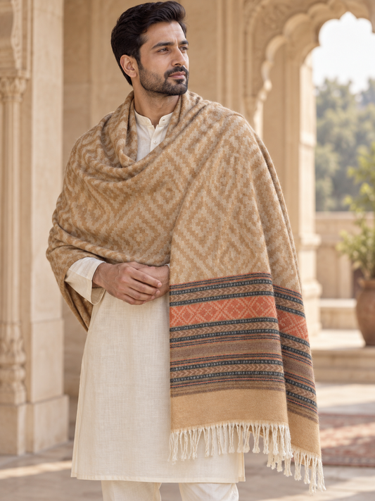 A man wearing a cream kurta and trousers, draped in a large beige patterned shawl with orange and dark brown geometric borders and tassels, standing in front of an ornate stone archway.