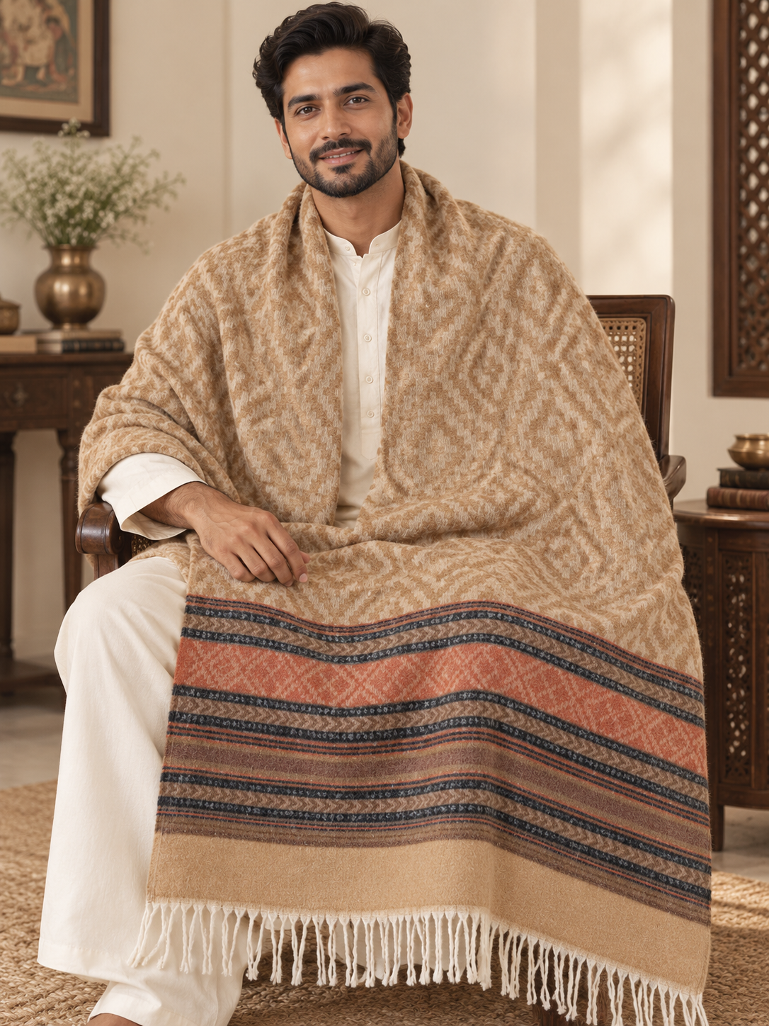 A man seated in a wooden chair wearing a beige patterned shawl over a white kurta and trousers, with the shawl draped over his lap in a warm indoor setting.