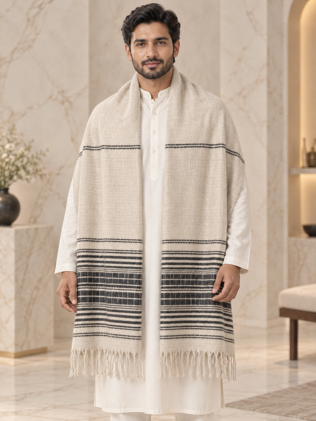 Weavers Villa Minimal Striped Woven Shawl with Fringe Finish For Men Soft Textured Feel, Lightweight Comfort , Easy Layering, Versatile Everyday Styling