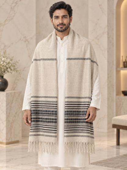Weavers Villa Minimal Striped Woven Shawl with Fringe Finish For Men Soft Textured Feel, Lightweight Comfort , Easy Layering, Versatile Everyday Styling