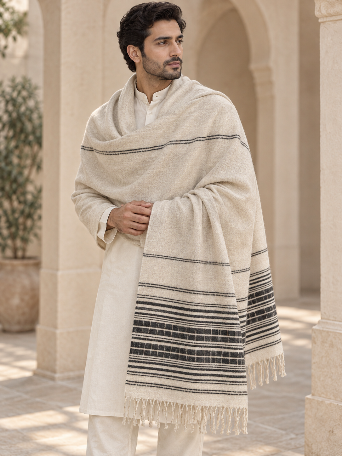 Weavers Villa Minimal Striped Woven Shawl with Fringe Finish For Men Soft Textured Feel, Lightweight Comfort , Easy Layering, Versatile Everyday Styling
