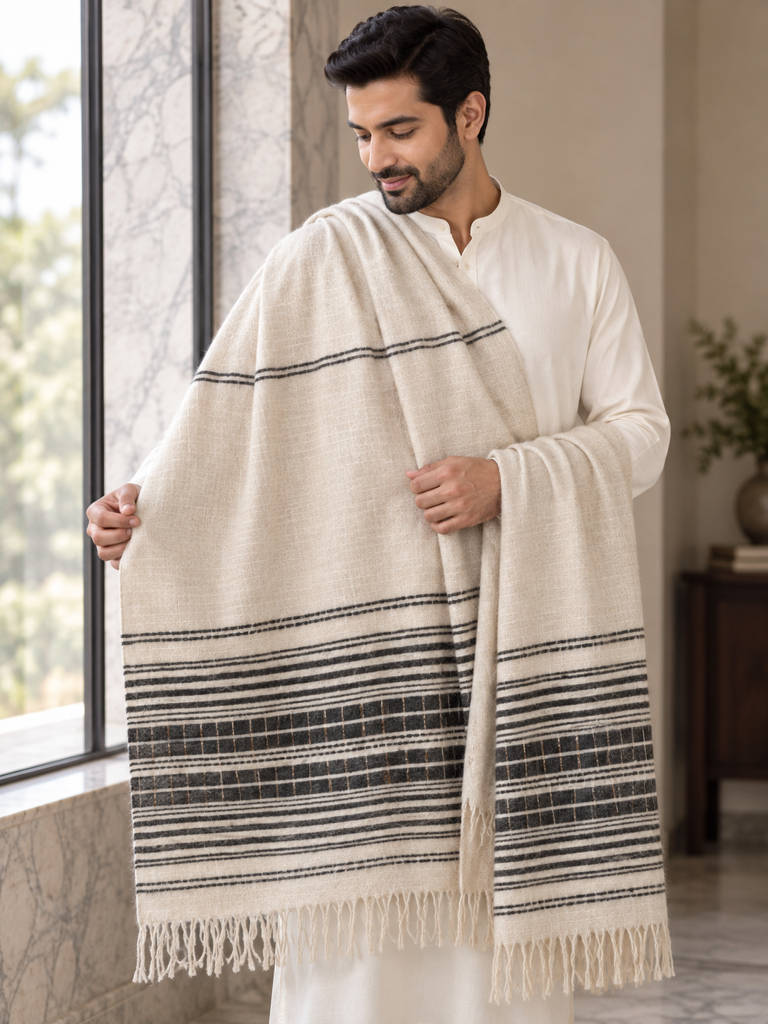 Weavers Villa Minimal Striped Woven Shawl with Fringe Finish For Men Soft Textured Feel, Lightweight Comfort , Easy Layering, Versatile Everyday Styling