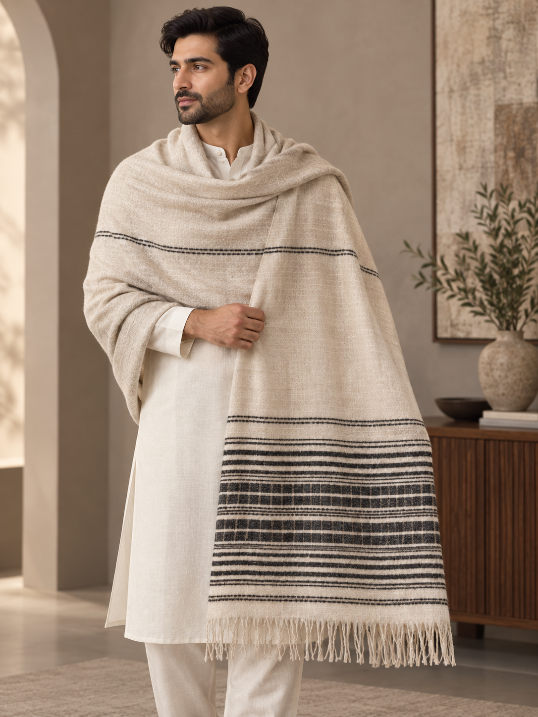 Weavers Villa Minimal Striped Woven Shawl with Fringe Finish For Men Soft Textured Feel, Lightweight Comfort , Easy Layering, Versatile Everyday Styling