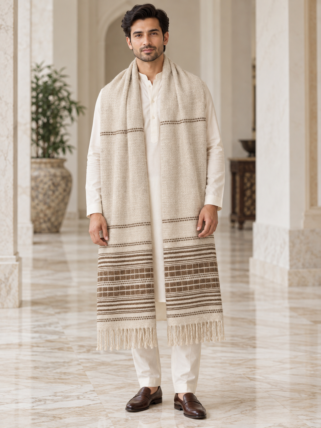 Weavers Villa Minimal Striped Woven Shawl with Fringe Finish For Men Soft Textured Feel, Lightweight Comfort , Easy Layering, Versatile Everyday Styling